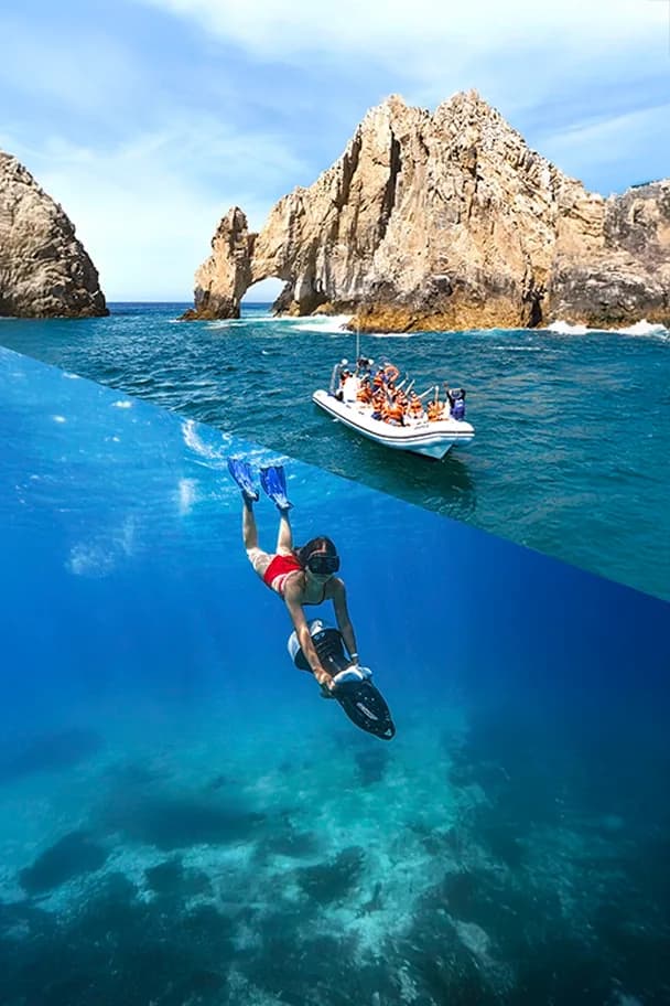 Rock arch snorkeling at Experience Cabo's Underwater Wonders: Your 2026 Glass Bottom Boat Tour Guide boat with tourists
