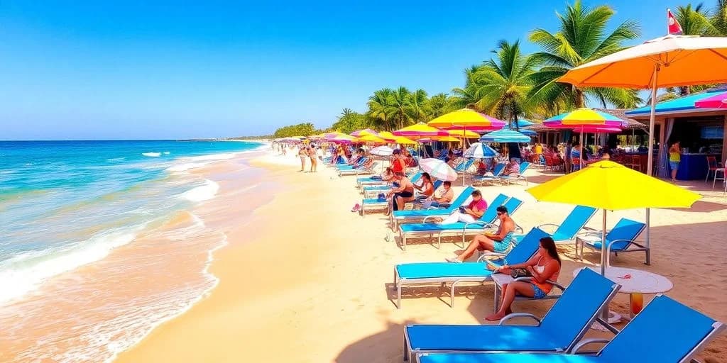 Beach goers umbrellas at 10 Beach Clubs on Medano You Never Knew Existed on sandy beach, under clear sky