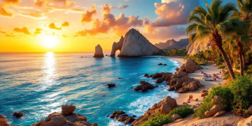 Rock arch ocean view at 10 Must-See Sights in Cabo San Lucas at sunset, with orange sky