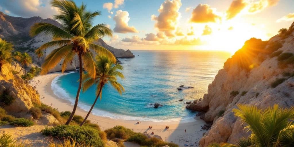 Beach cove palm trees at 10 Reasons Why Cabo Should Be Your Next Getaway aerial view, at sunset