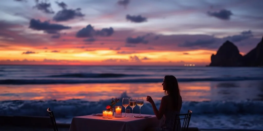 Beach dinner woman at 10 Romantic Activities in Cabo San Lucas for Couples in 2026 at sunset, with ocean background