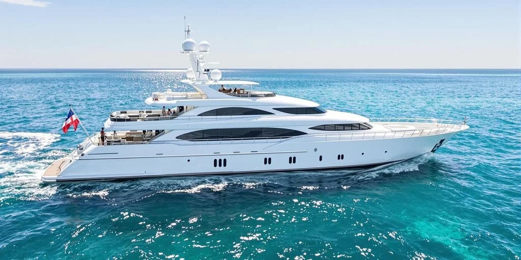 Luxury yacht 1 at 110-Foot Luxury Yachts in Cabo With 2 Jacuzzis and Personal Chef cruising on blue water, sunny day