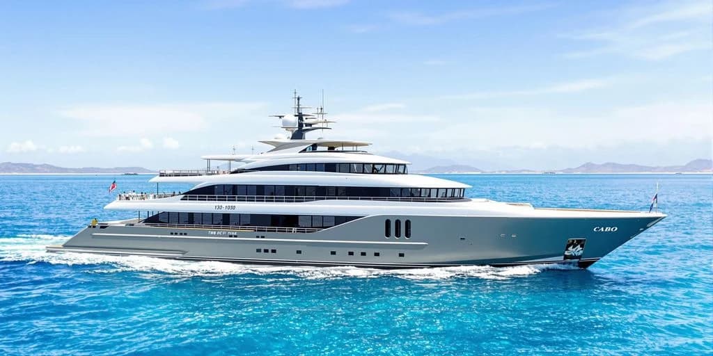 Luxury yacht 2 at 130-Foot Cabo Yacht Charters With Helicopter Landing Pads cruising on blue water, sunny day