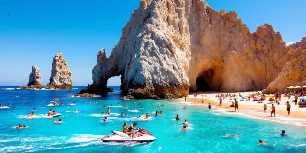 Rock arch jet skiers at 15 Exciting Activities in Cabo San Lucas You Can't Afford to Miss on turquoise water, with swimmers
