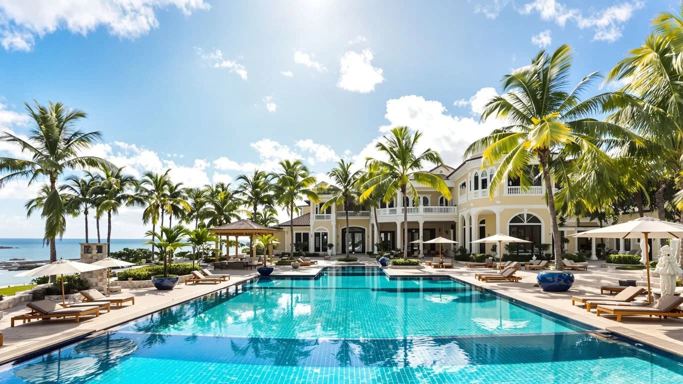 Luxury villa at 20+ Bedroom Cabo Group Rentals With Full Staff Included with large pool, sunny day