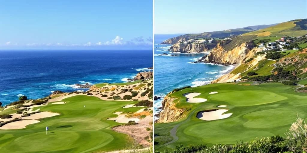 Golf course split at $200-$400 Cabo Golf vs $600+ Pebble Beach Green Fees two coastal courses, sunny day