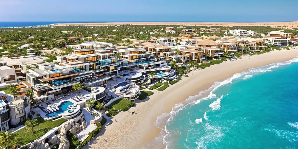 Resort aerial at 20,000 Sq Ft Cabo Beachfront Villas That Sleep 20 People with beach and ocean, sunny day