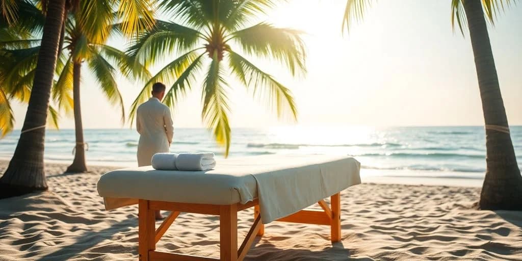 Massage table at 2026 Massage Price Guide: Spa vs. Beach vs. Mobile Services on beach, with palm tree, sunny