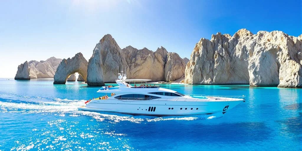 Luxury yacht at 25 Cabo Activities You Can't Do Anywhere Else in Mexico on blue water, with rock formations