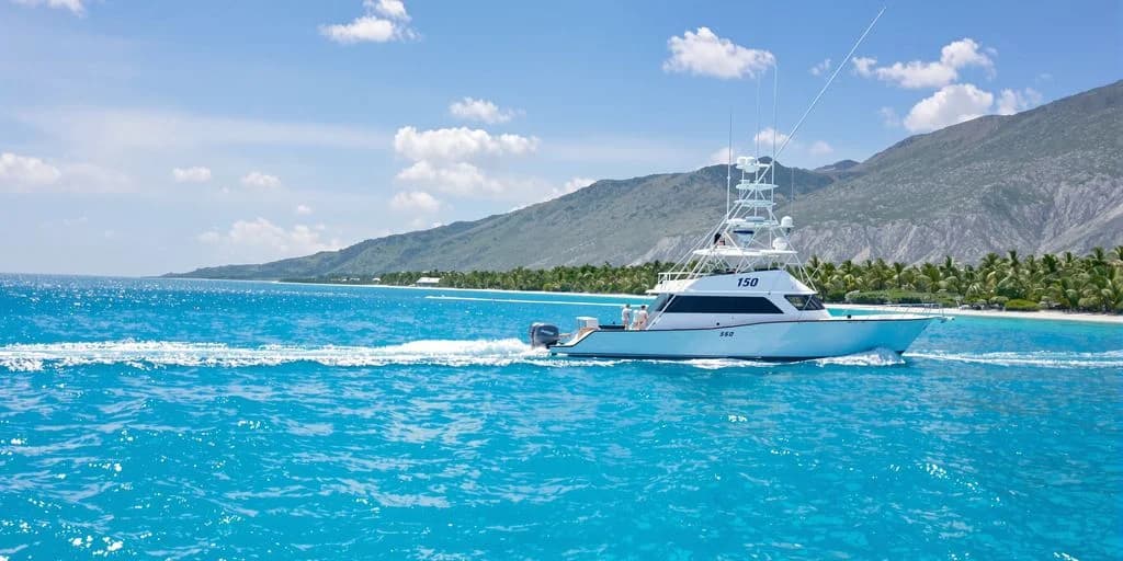 Fishing boat at $390 Full-Day Cabo Fishing Charters vs $1,500 Hawaii Prices on turquoise water, with mountains