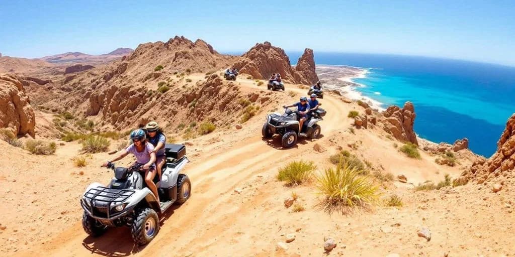 Atv riders at 5 Best ATV Tours in Cabo for Adventure Seekers on desert track, with ocean beyond