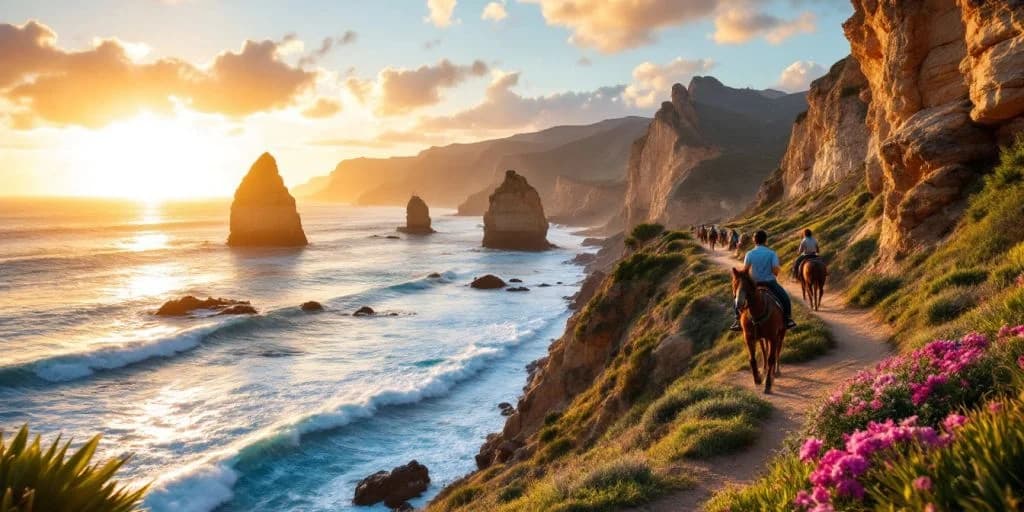Coastal cliffs at 5 Scenic Horseback Riding Tours in Cabo with sea stacks, at sunset