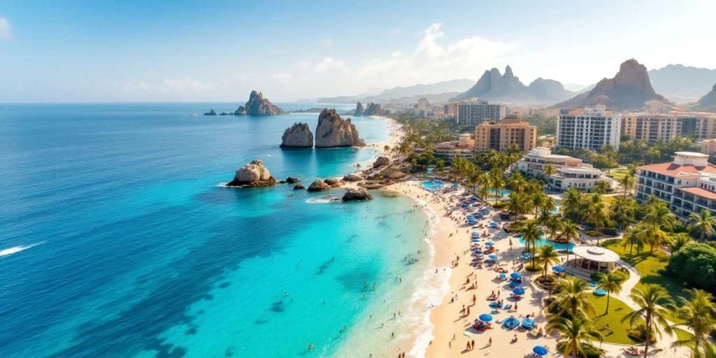 Beach aerial at 6 Amazing Family Resorts in Cabo (2026) with rock formations, many people