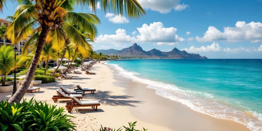 Tropical beach at 6 Best All inclusive Resorts Cabo (2026) with lounge chairs, mountains beyond