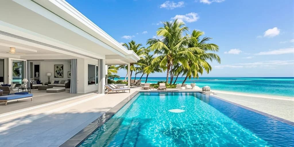 Resort pool at 6,000 Sq Ft Cabo Beachfront Villas Under $5,000/Night with palm trees, ocean beyond