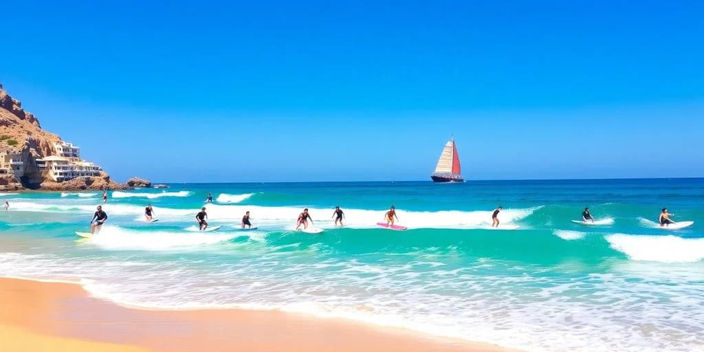 People surfing at 8 Best Beginner Surf Spots in Los Cabos (With Map) with sailboat in distance