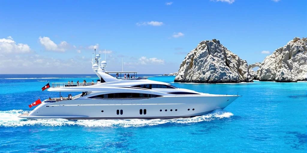 Luxury yacht at 8-Hour Cabo Bachelor Party Charters for $390 Per Person on blue water, rocky islands