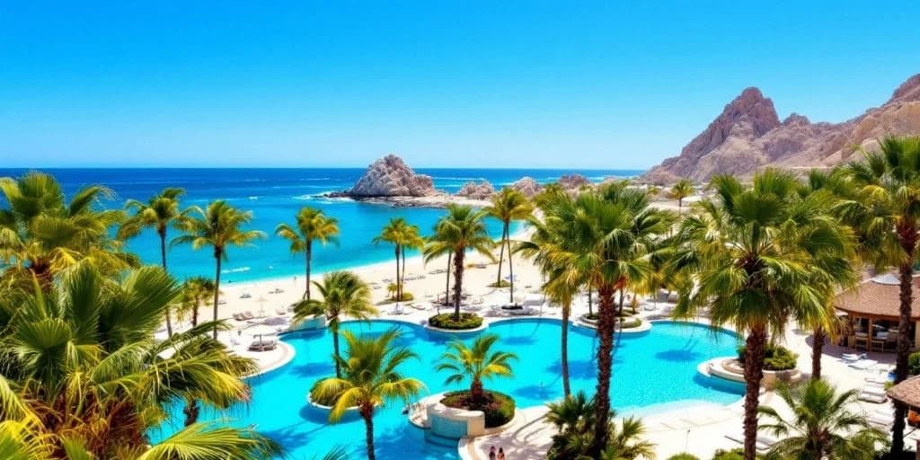 Resort pool at A Complete Guide to Luxury at Riu Cabo San Lucas with palm trees, ocean view