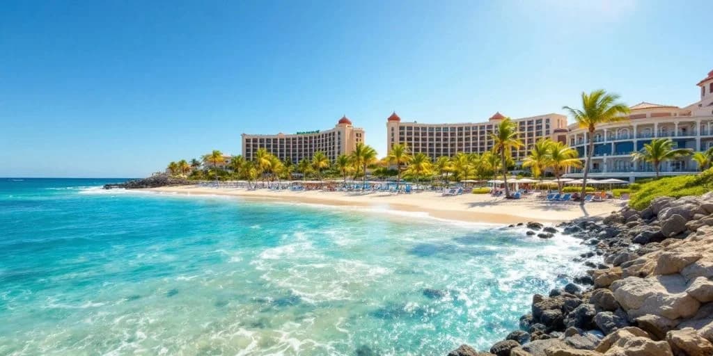 Resort buildings at A Luxurious Escape Awaits at Grand Fiesta Americana Cabo beachfront, with palm trees