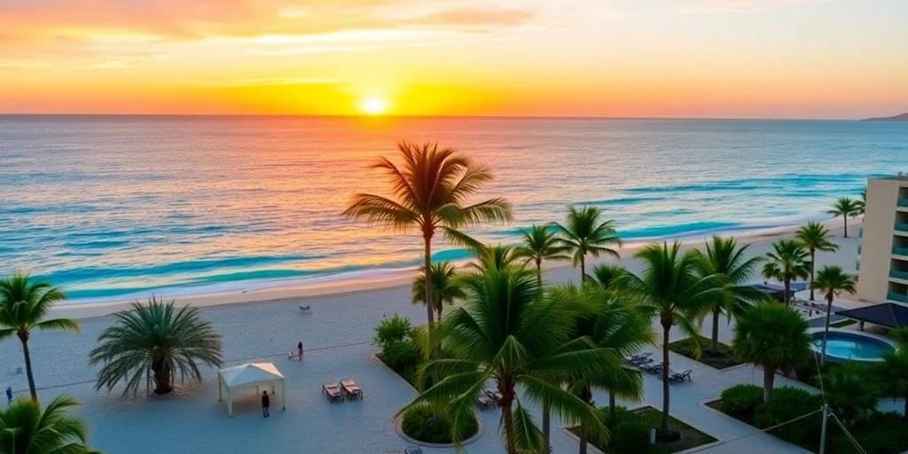 Beach sunset at A Seaside Retreat Awaits at Club Regina Los Cabos aerial view, with palm trees