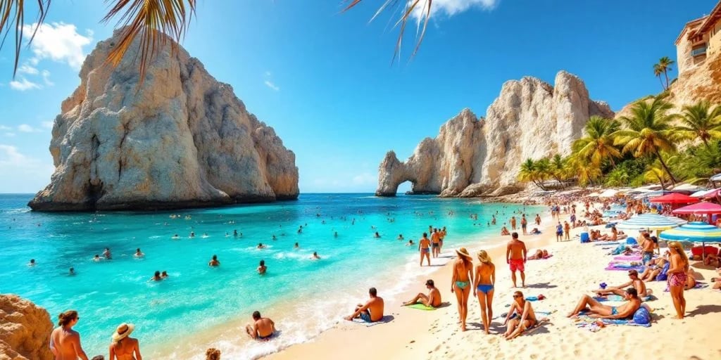 Beach arch at A Traveler's Guide to Exploring Cabo San Lucas, BCS Mexico with many people swimming