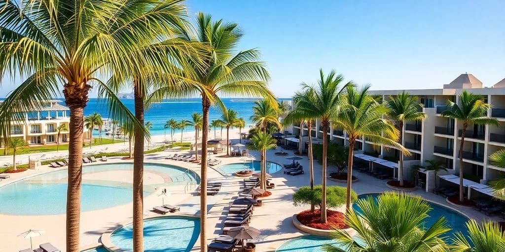 Resort pools at Adults-Only All-Inclusive in Cabo San LucasBook Today! with palm trees, ocean beyond