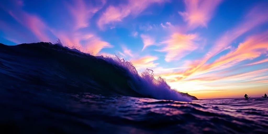 Ocean wave at Advanced Surf Spots in Los Cabos: Guide breaking at sunset, purple hues