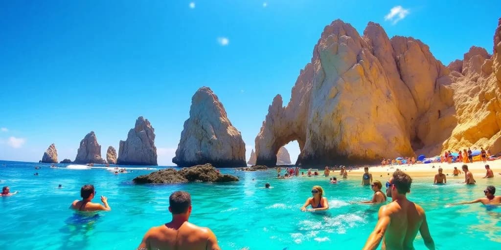 Swimming cove at Adventure Awaits with Top Activities in Cabo San Lucas with rock arch, clear water