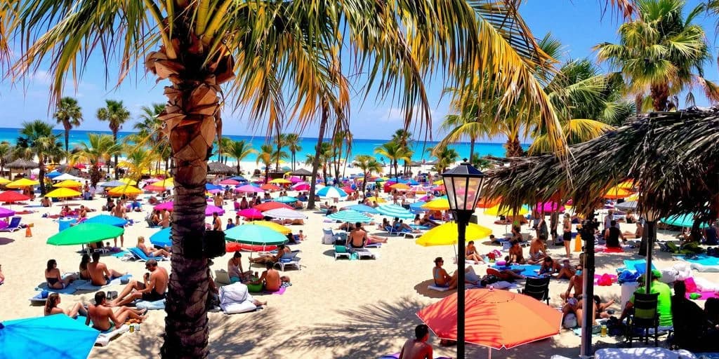 Crowded beach at Affordable Fun in Cabo at Mayan Monkey Los Cabos with many umbrellas, palm trees