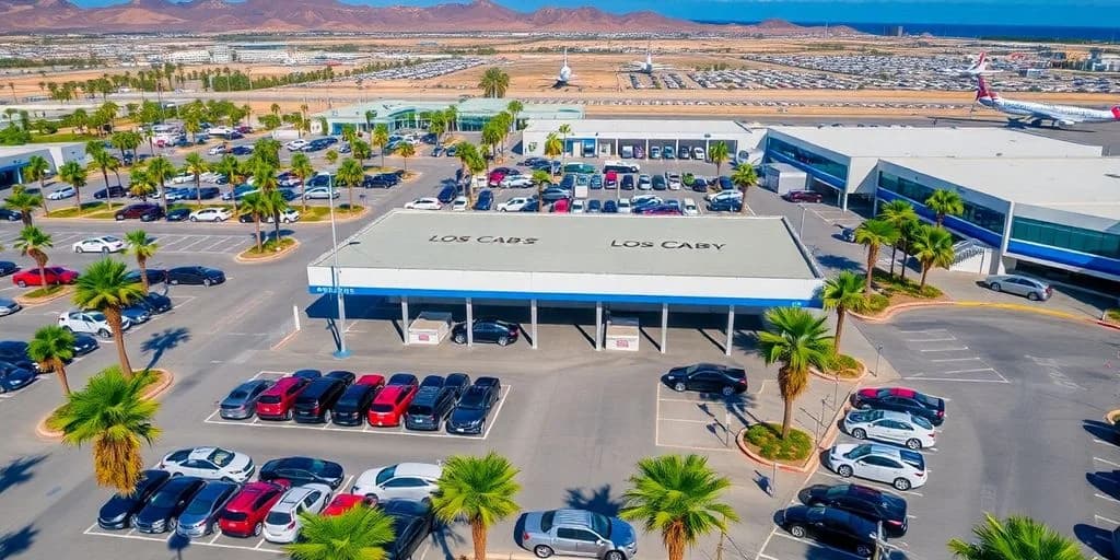 Airport terminal at Airport Parking Rates in Los Cabos: Options Guide aerial view, with mountains beyond