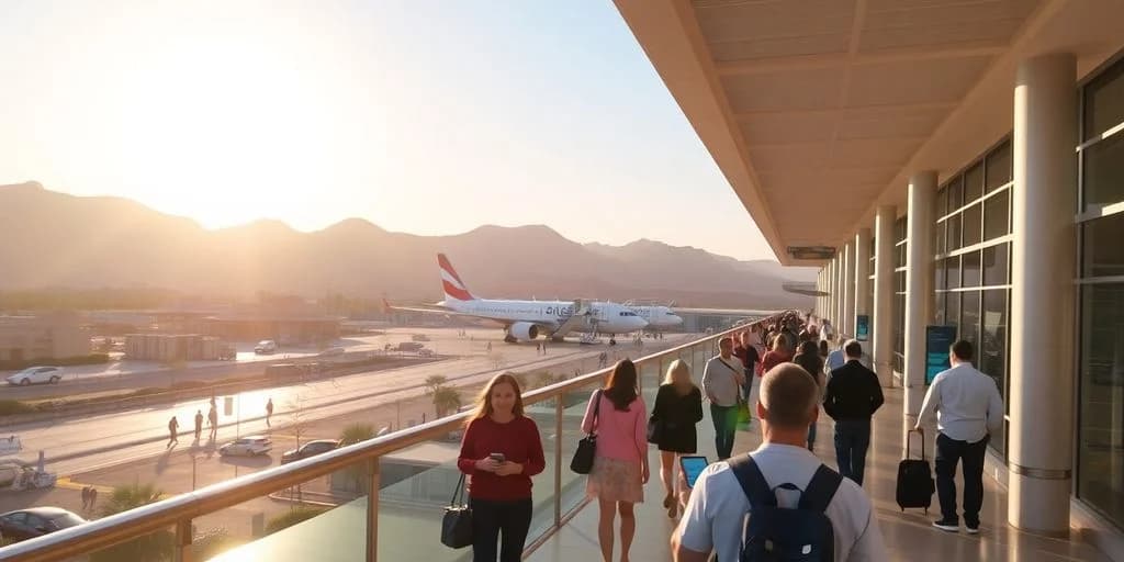 Airport walkway at Airport WiFi in Los Cabos: Coverage Guide people walking, airplane in background