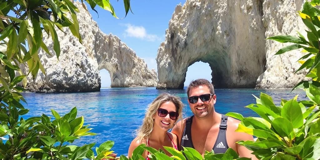 Couple on beach at All-Inclusive Cabo Activity Packages That Beat Resort Excursions with rock formations, clear water