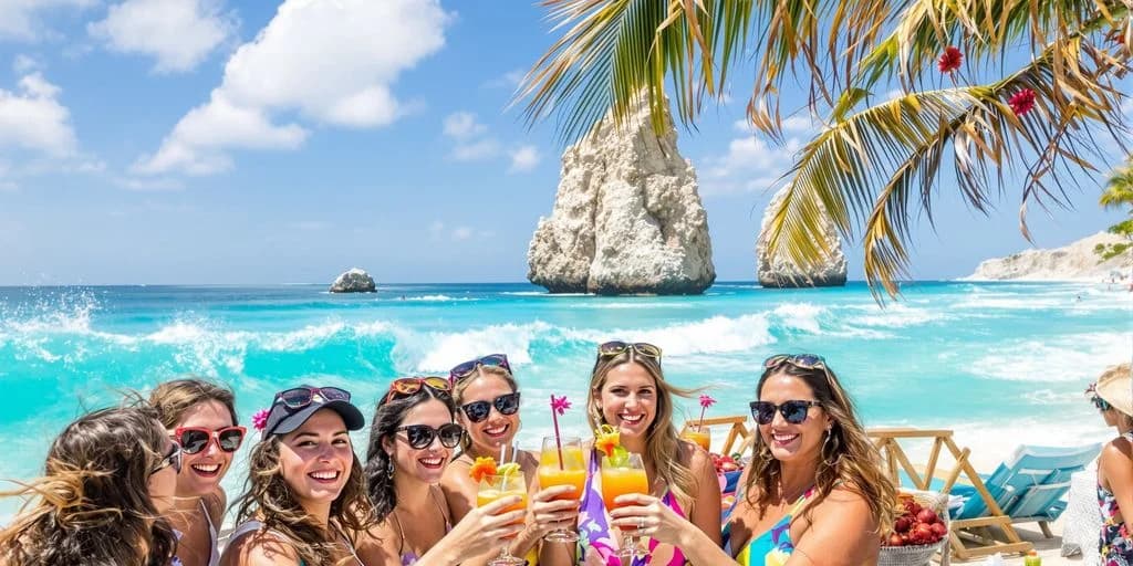 Women with cocktails at All-Inclusive Cabo Bachelorette Packages With Transportation on beach, rock formation beyond