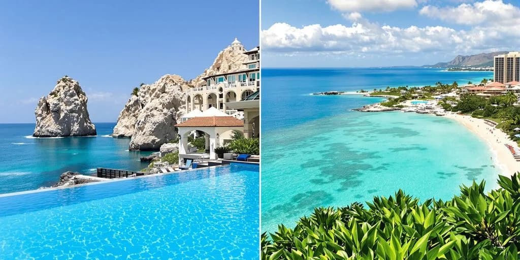 Resort exterior at All-Inclusive Cabo Luxury Hotels vs Hawaii Resort Price Comparison split image, pool and ocean