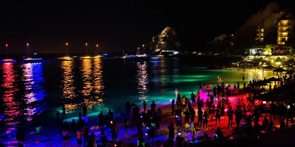 Beach party at All-Inclusive Cabo Nightlife Packages vs Pay-Per-Drink Costs at night, colorful lights