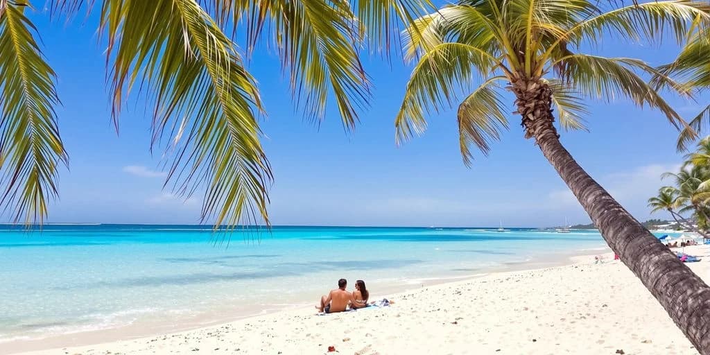 Couple on beach at All-Inclusive Cabo Vacation Packages Under $2,000 Per Couple under palm trees, clear water