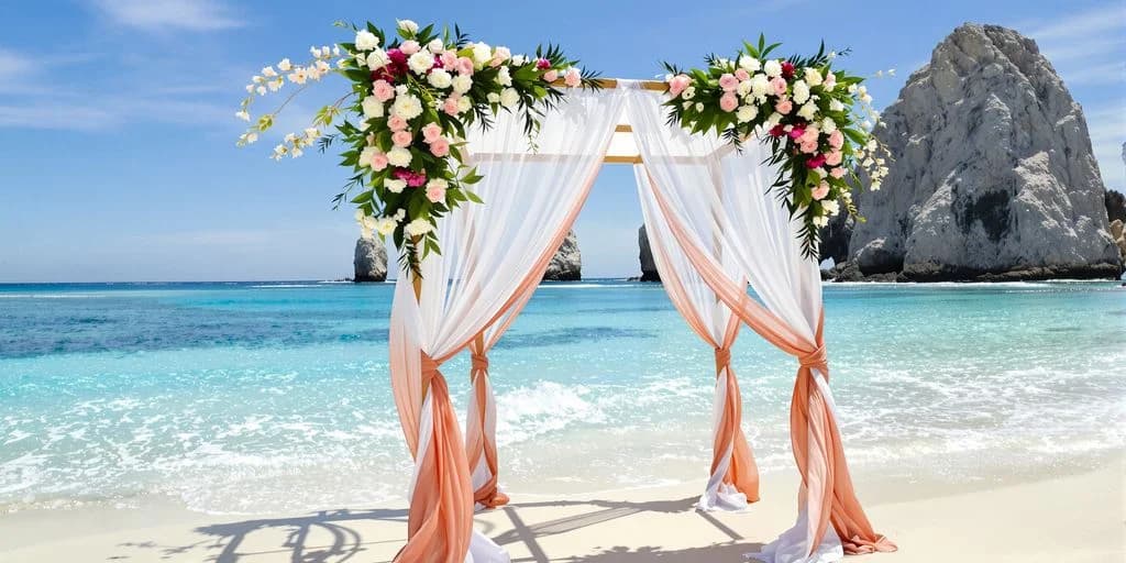 Beach wedding arch at All-Inclusive Cabo Wedding Planning vs DIY Cost Breakdown with ocean and rock formations