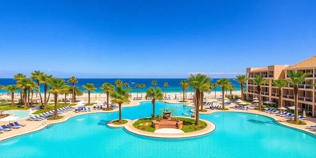 Resort pool at All-Inclusive Los Cabos Hotels Offering Crazy Deals! with palm trees, ocean beyond
