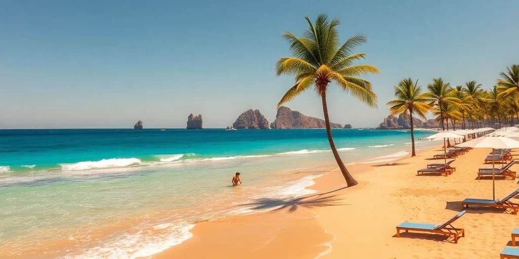 Person on beach at All-Inclusive Los Cabos Mexico: Deals Inside! under palm tree, rock formations