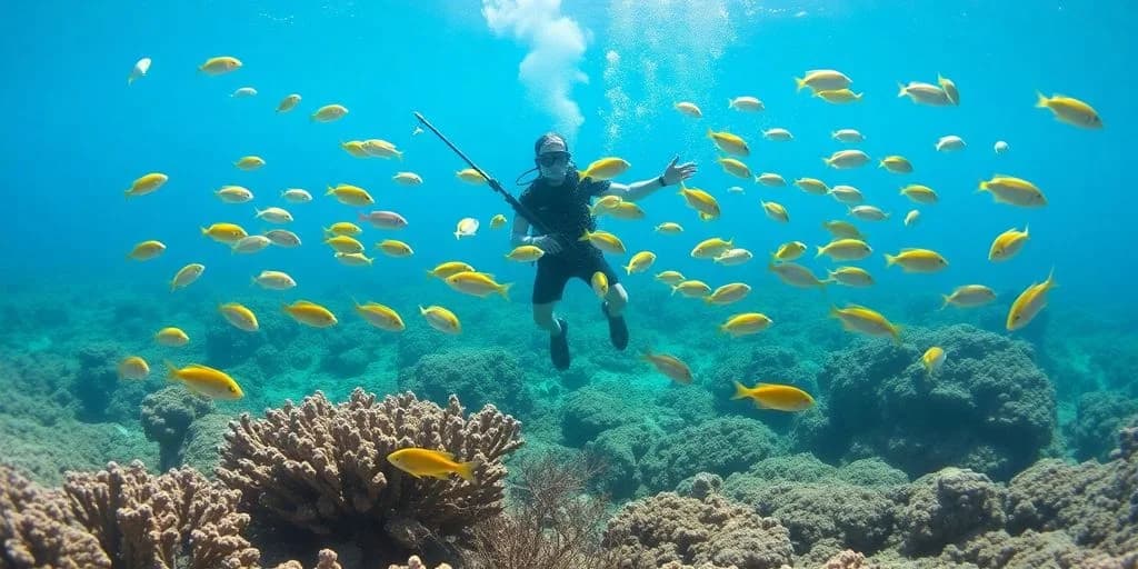 Underwater diver at An Angler's Guide to Spearfishing in Cabo with fish and coral