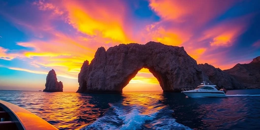 Rock arch at Atracciones imperdibles de Cabo San Lucasâ¡La #6 te sorprenderá! at sunset, from boat