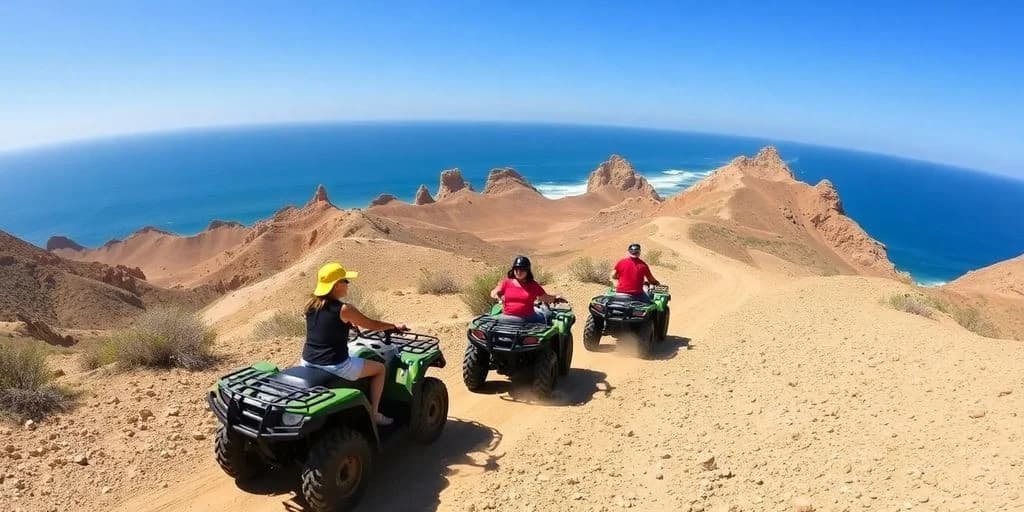 Atv riders at ATV Tours in Cabo: Comparing 12 Popular Options on desert trail, ocean beyond