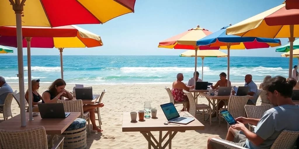Beach workstation at Beach Cafes with WiFi in Cabo: Guide people with laptops, ocean background