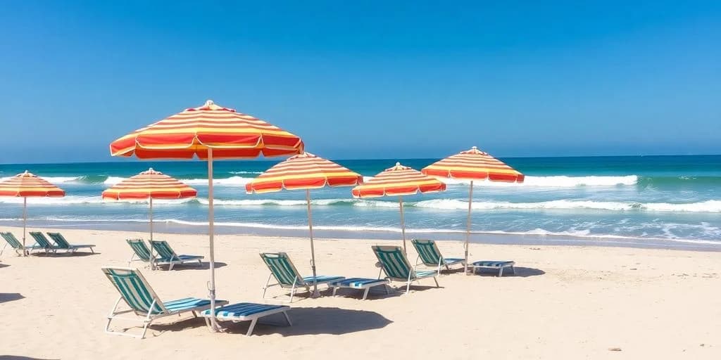 Beach chairs at Beach Chair and Umbrella Rentals in Cabo under striped umbrellas, ocean waves