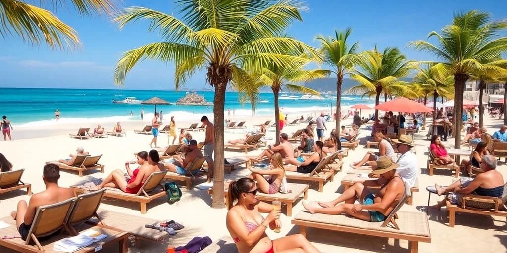 Crowded beach at Beach Club Day Passes in Cabo: Price Comparison under palm trees, people relaxing