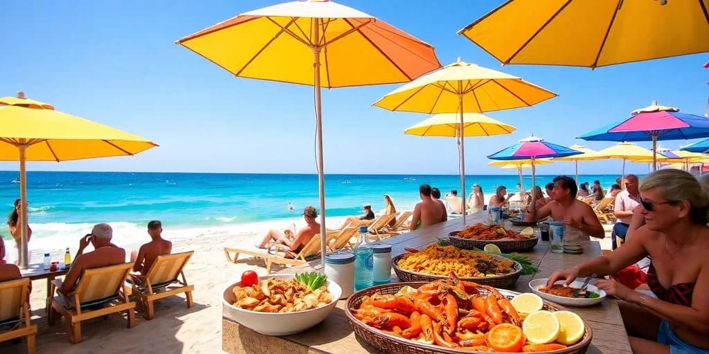 Beach food spread at Beach Club Food Prices in Cabo: Comparison under yellow umbrellas, ocean beyond