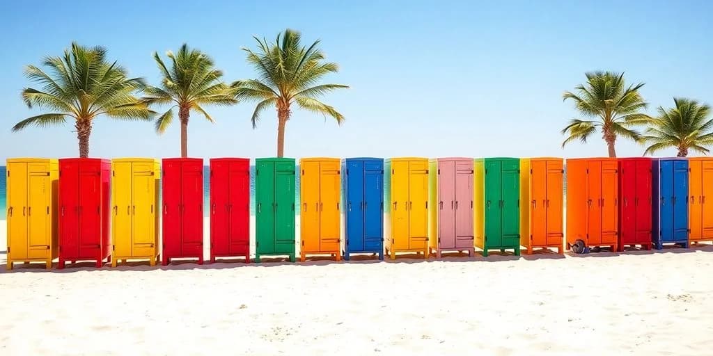 Colorful lockers at Beach Locker Rentals in Cabo: Location Guide on sandy beach, under palm tree