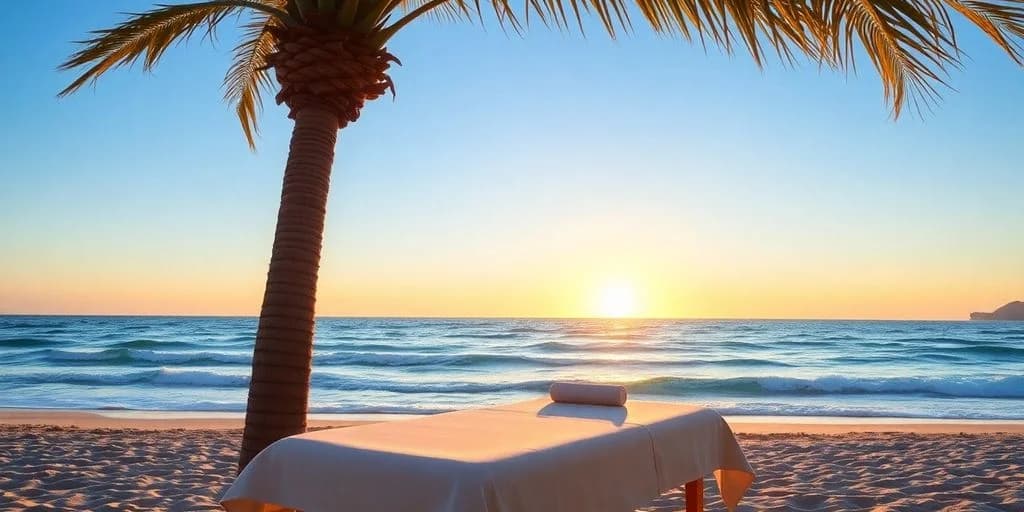Beach massage table at Beach Massage in Cabo: Safety & Price Guide at sunset, ocean in background