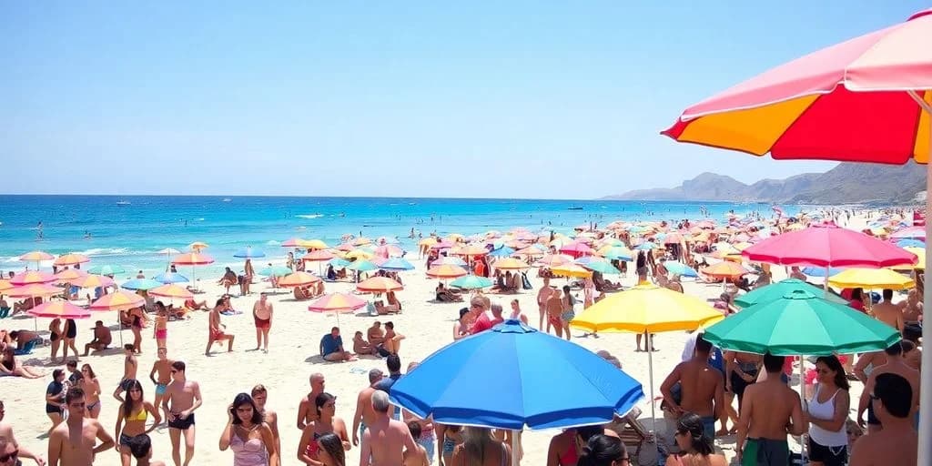 Crowded beach 2 at Beach Party Permits in Cabo: Requirements many colorful umbrellas, blue ocean