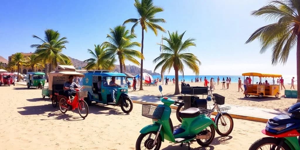 Beach vehicles at Beach Transportation in Cabo: Guide with palm trees, people